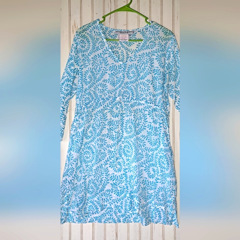 Gretchen Scott Cotton Draw String Dress Size Small Blue White Cottagecore Light